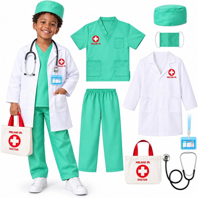 Meland Doctor Costume for Kids 3-10, Pretend Play Career Dress Up with Bag - Green