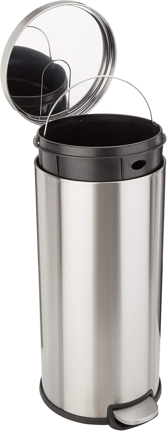 Amazon Basics Round Cylindrical Soft-Close Dustbin, 30 Litre/7.9 Gallon, Brushed Stainless Steel - 7.9 Gallon