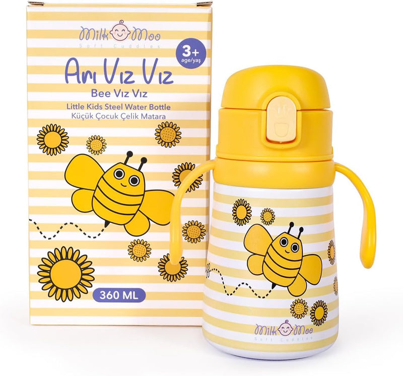 Milk&Moo Kids Steel Water Bottle 360ml Stainless Steel Thermos Water Bottle for Toddlers & Preschoolers Insulated Bottle with Straw Lid, Handle & Strap Leak-Proof Bottle (Bee Viz Viz)