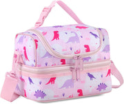 VASCHY Lunch Box Bag Men, Insulated Two Compartments Bento Cooler Bags for Adults/Women/Kids for School,Daycare,Kindergarten,Picnic Black - Dinos Pink