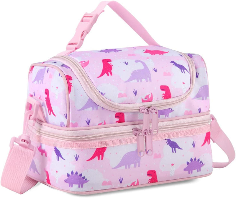 VASCHY Lunch Box Bag Men, Insulated Two Compartments Bento Cooler Bags for Adults/Women/Kids for School,Daycare,Kindergarten,Picnic Black - Dinos Pink