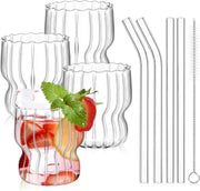 1CHASE Ribbed Drinking Glasses with Straws 320 ML (Set of 4), Ripple Borosilicate Glassware, Mixed Drinkware Sets, Drinking Glasses for Juice, Beer, Iced Coffee, Tea and Cocktails (11 oz)