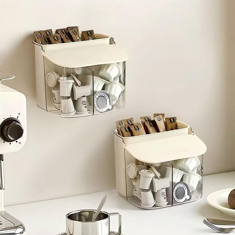 KASTWAVE Wall Mounted Coffee Capsult Holders, Plastic Coffee Pod Holder Clear Coffee Capsule Storage Organizer with Lid Coffee Bar Accessories Basket for Tea Bags Creamer Sugar Bags