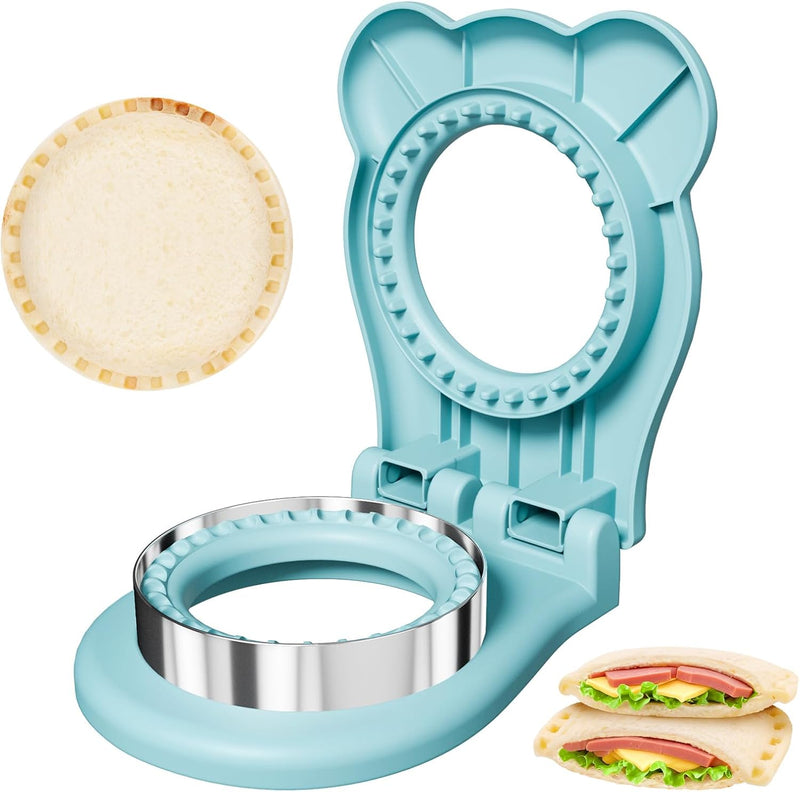 HINZER Sandwich Cutter and Sealer Set 4 Pcs Bread Decruster Sandwich Cutter Pancake Maker Heart Square Circle Dinosaur Shape DIY Cookie Cutters Gift for Kids Adult Boys Girls - Blue