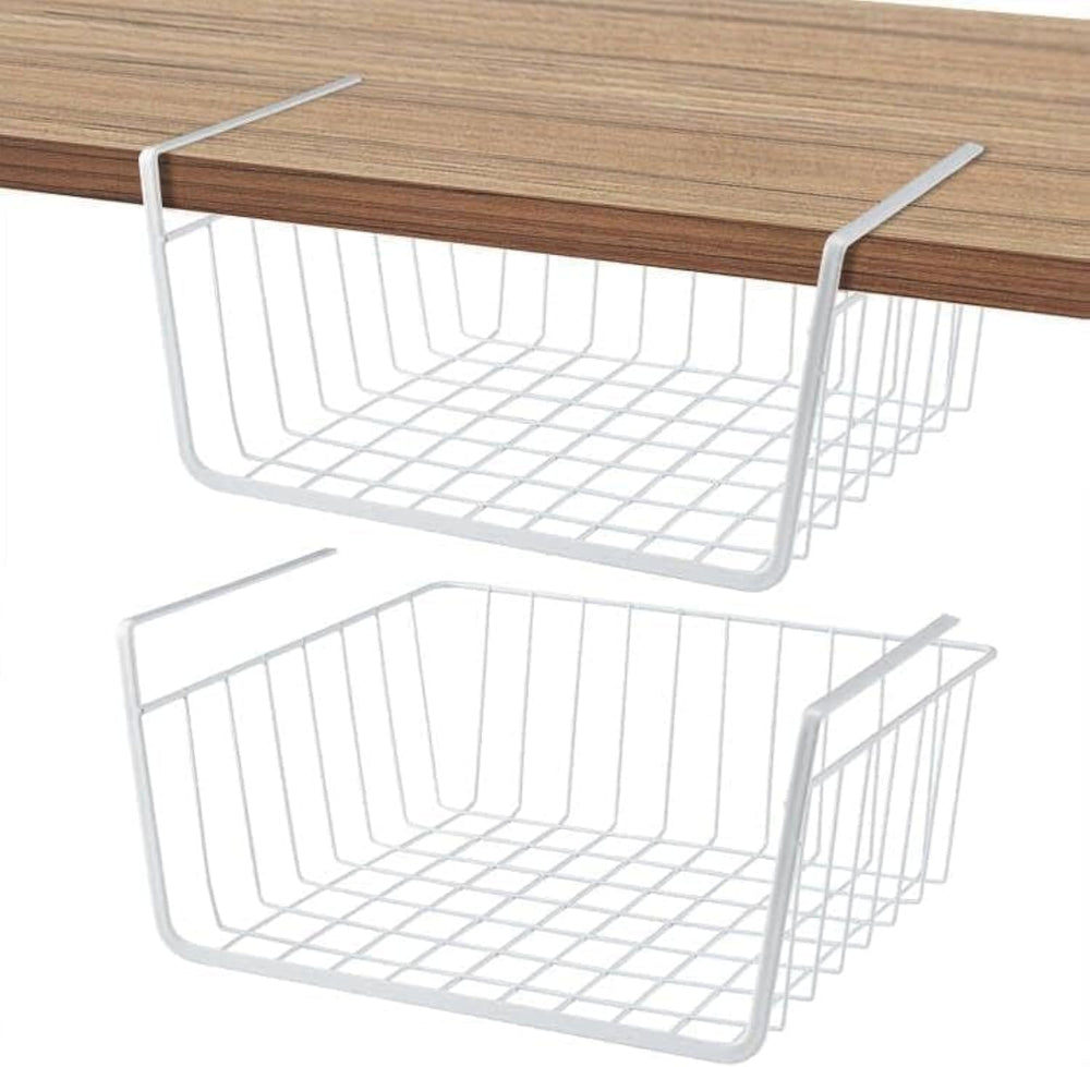 1Pcs Kitchen Under Shelf Storage Basket Large Lightweight Metal Organizer Rack 40 X 26 X 14 cm (White)