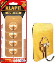 KLAPiT Super Hook Heavy Duty Adhesive, Holds 11 Pounds or 5Kg Weight, Waterproof and Damage Free for Wall, Tile, Wood, Stone, Glass, Metal, Made of Steel (Clear, 4 pc) - 4 pc Gold