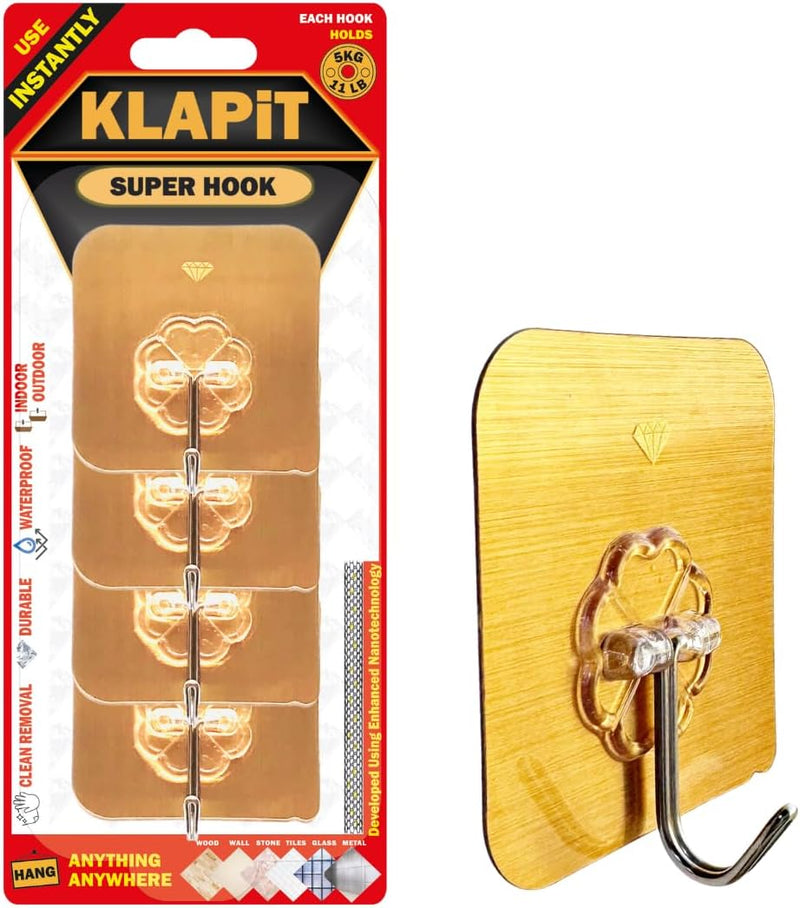 KLAPiT Super Hook Heavy Duty Adhesive, Holds 11 Pounds or 5Kg Weight, Waterproof and Damage Free for Wall, Tile, Wood, Stone, Glass, Metal, Made of Steel (Clear, 4 pc) - 4 pc Gold