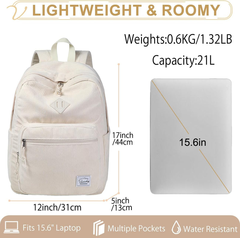 Corduroy Backpack for Men Women, VASCHY Casual Cute Fleece School Bag 15.6 inch Lightweight Daypack for Teens/Men/Women Travel