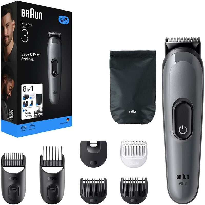 Braun All-in-One Series 3 AIO 3540, 8-in-1 Grooming Kit, Ultra Sharp Blade, 14 Lengths Settings, 50 Minute Battery, Ultra Sharp Blade, Designed in Germany - Grey - MGK 3540