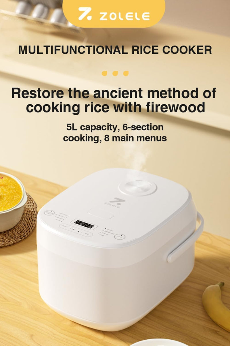ZOLELE Smart Rice Cooker 5L ZB600 Smart Rice Cooker for Rice, Porridge, Soup, Stew, and More. With 16 Preset Cooking Functions, 24-Hour Timer, Keep Warm Function, and Non-Stick Inner Pot - White