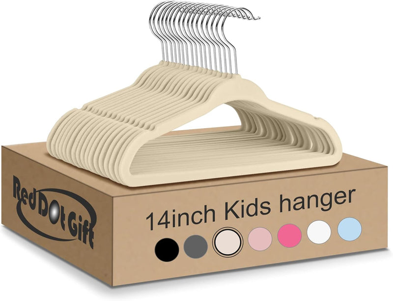 Red Dot Gift® 30-Pack Beige Velvet Kids Hangers - ( 35cm / 14 Inch )Premium Childrens Hangers for Closet, Ultra Thin Cute Hangers Kids Clothes Hanger,Small Hangers for Kids Clothes (Beige, 30)