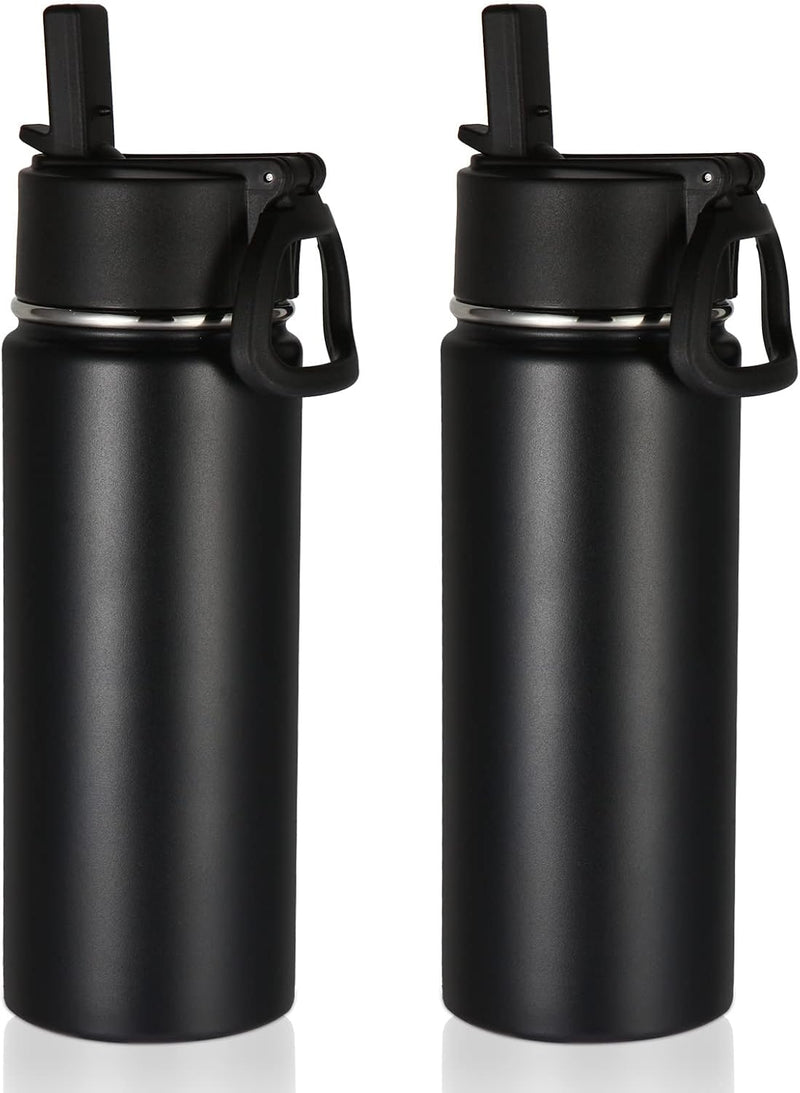 18oz Kids Insulated Water Bottle,Stainless Steel Water Bottles with Straw Lid,Wide Mouth Reusable Metal Sports Water Flask,Double Wall Vacuum Travel Cups For Cold Drink(Dark Night,1 Set) - Black 2