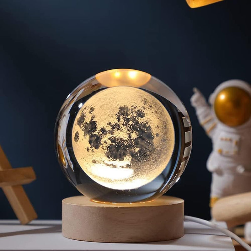 Wisfunlly 3D Crystal Ball Night Light, Moon LED Light with Wooden Base,USB 3D Moon Planets Solar System Universe Lamp for Home Decor Ornaments Birthday Gifts Moon Model(Moon)