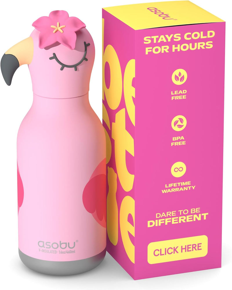 Bestie Bottle Insulated Stainless Steel Water Bottle with Detachable Soft Animal Head Fun Drinking for Kids and Teens with Flexible Reusable Straw 16 Ounce (Dinosaur) - LOLA THE FLAMINGO