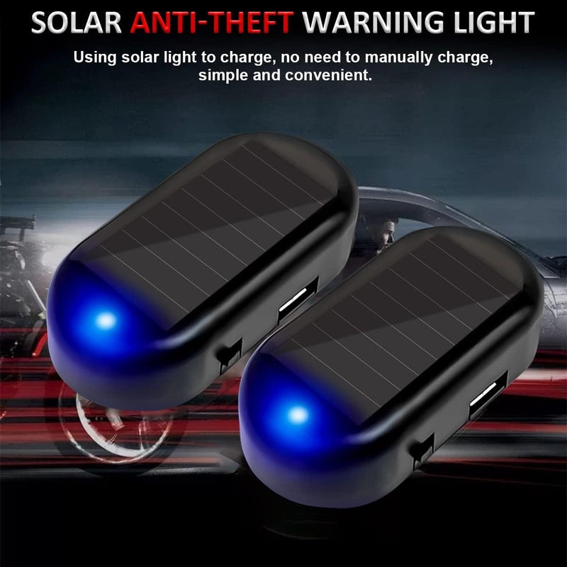 2PCS Car Solar Power Simulated Dummy Alarm, Anti-Theft LED Flashing Security Light Fake Lamp, Auto Warning Interior Safety Lights with USB Charger Port, Car Accessories for Most Cars (Blue/2PCS)