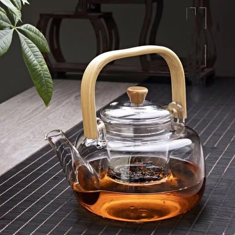 1L Borosilicate Glass Teapot Stovetop safe ï¼ŒLoose Leaf and Blooming Tea Maker, Christmas GiftGlass Tea Kettle with Wooden Handle,Large Size for Women and Adult (teapot +6 cup)