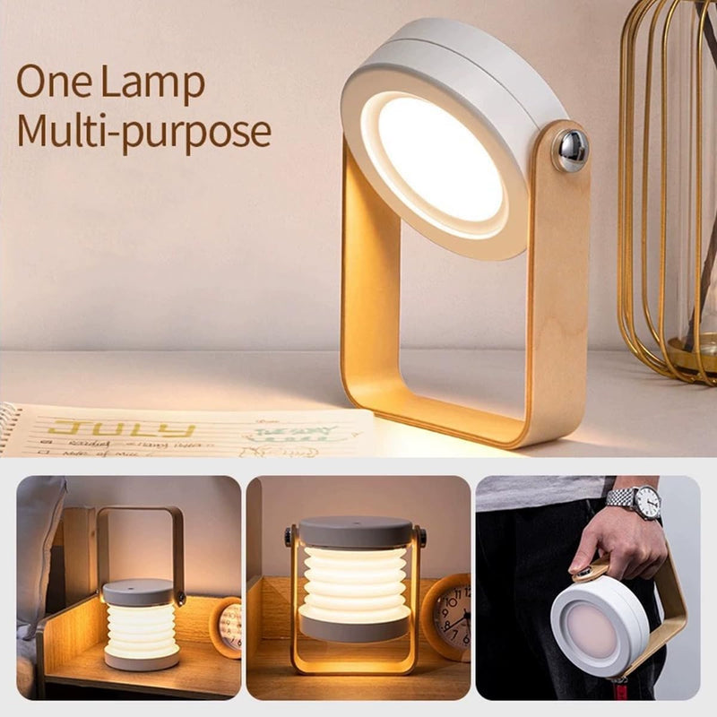 Foldable Camping Lantern with Wooden Handle - Portable LED Lamp, 3-Level Brightness Touch Control Retractable Reading Light, USB Charging Eye-Caring for Bedroom Bedside Study Office Outdoor