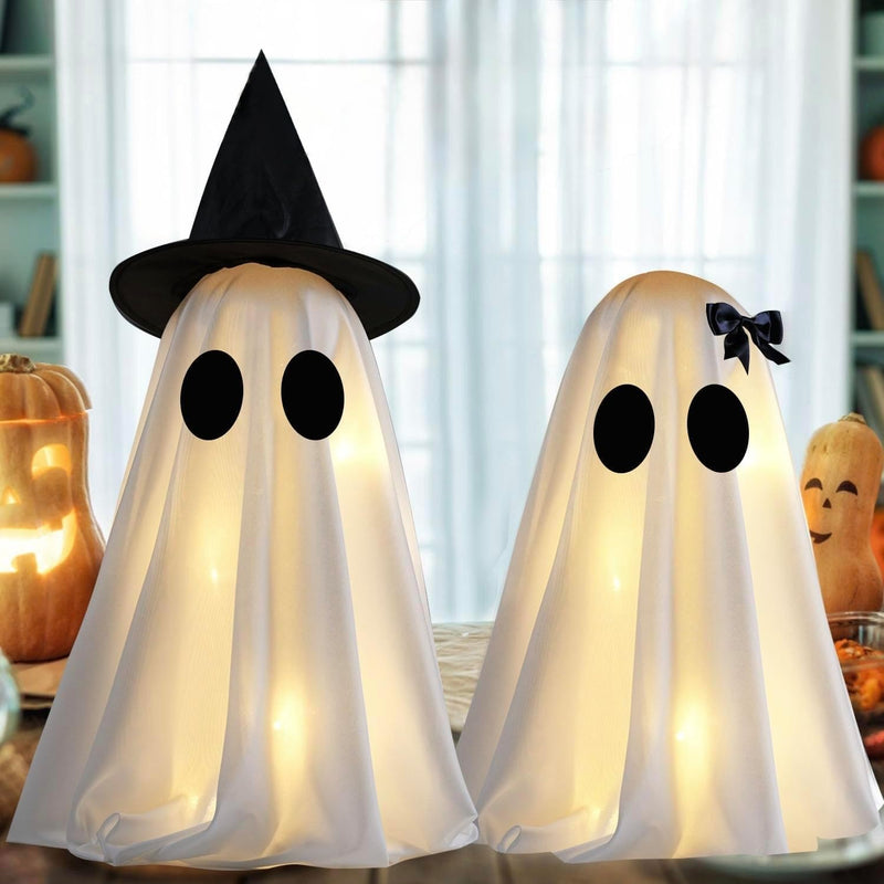 Light Up Halloween Scary Ghost Decorations, Set of 2 DIY Spooky Crafts for Indoor Home Mantel Shelf & Tabletop Decor White - White