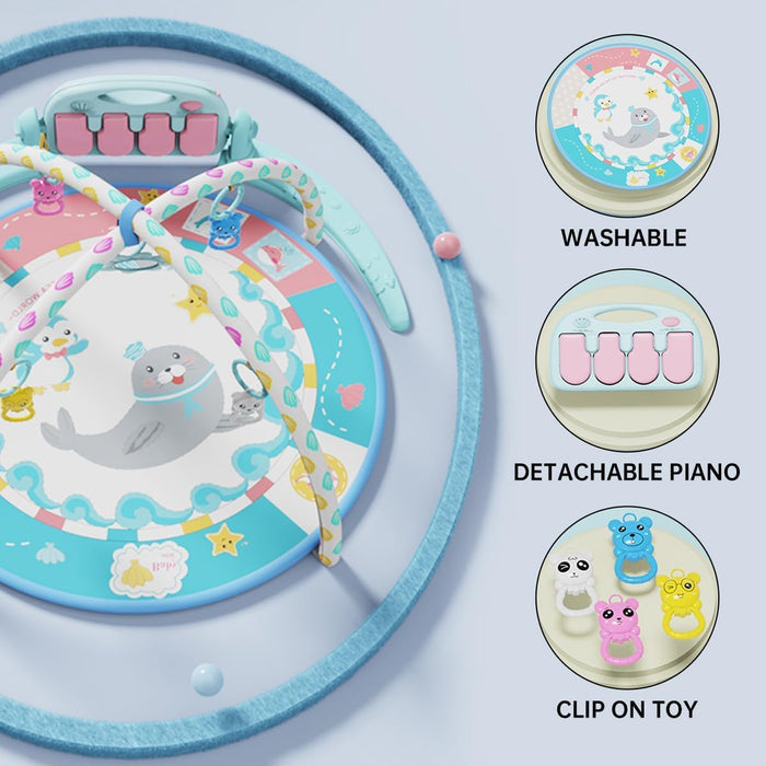ECVV Baby Play Mat & Gym Set: 85cm Round Mat, 130cm Soft Tubes, 4 Rattle Toys, Detachable Baby Piano - Portable Tummy Time Activity Center for Infants 0-36 Months(Light Blue)