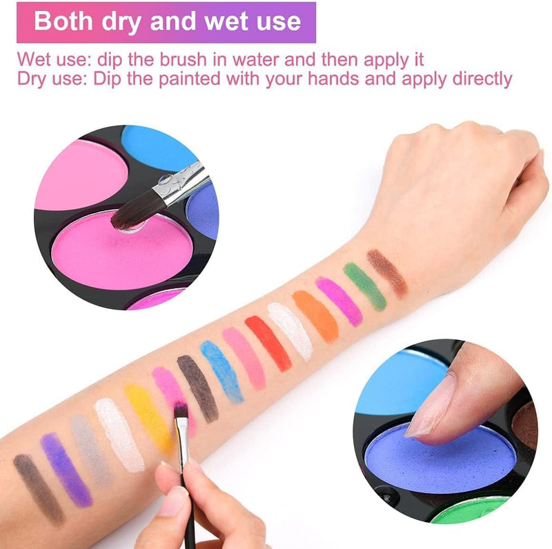 Mumoo Bear Face Paint Kit, 15 Color Face Painting Palette with 2 Brushes 32 Stencils, Washable Face Paints Safe Body Paint for Adults Kids Halloween Party Carnival, Makeup Paint Non-Toxic to Use