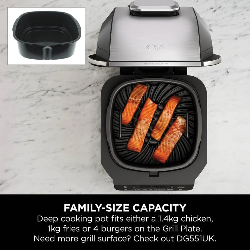 5-in-1 Indoor Grill & Air Fryer, 5 Cooking Functions, Make Up to 4 Burgers, 5.7L capacity, Low Smoke, Includes Digital Meat Thermometer, Black/Silver, EG351ME, 2 Years Warranty