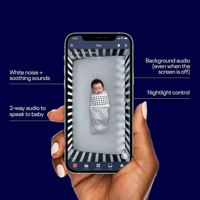 Nanit Pro 1080p HD Smart Baby Monitor & Flex Duo Stand, Featuring Split Screen and Alert Zone Function, Includes Small Breathing Band, White