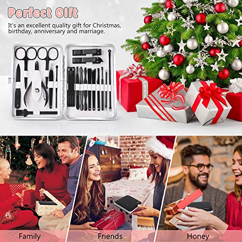 Jubolion Manicure Set, 19pcs Stainless Steel Professional Nail Clippers Pedicure Set with Black Leather Storage Case, Portable Grooming Kit for Travel or Home, Perfect Gifts for Women and Men (Black)