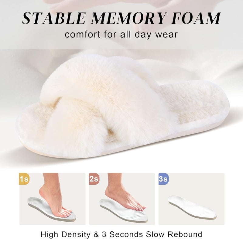 Women's Cross Band Slippers Soft Plush Furry Cozy Open Toe House Shoes Indoor Outdoor Faux Rabbit Fur Warm Comfy Slip On Breathable