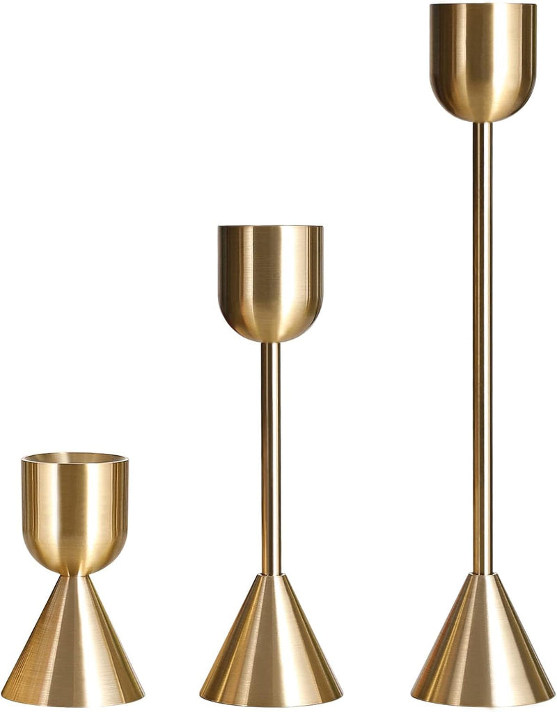 TERRIFI 3 Pcs Candle Holders for Taper Candles, Decorative Candlestick Holder for Wedding, Dinning, Party, Fits 3/4 inch Thick Candle&Led Candles (Metal Candle Stand) (Gold)