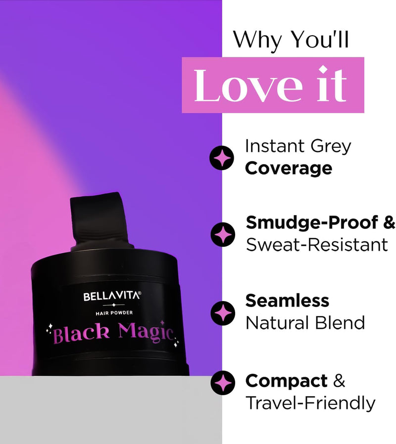 BELLAVITA Hair Powder Covers Grey Hair & Bald Spots Instantly Root Touch Up Sweat-Resistant & Long-Lasting Formula Natural Looking Colour 4g - Black