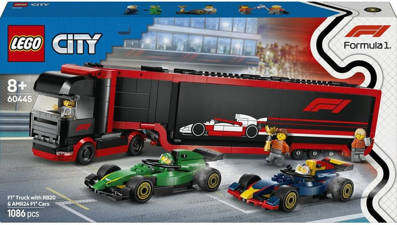 City F1 Truck with RB20 & AMR24 F1 Cars 60445 Car Transporter Toy, 2 Drivers & Race Simulator, Formula 1 Set, Gift for 8+ Year Old Boys & Girls, 1,086 Pieces