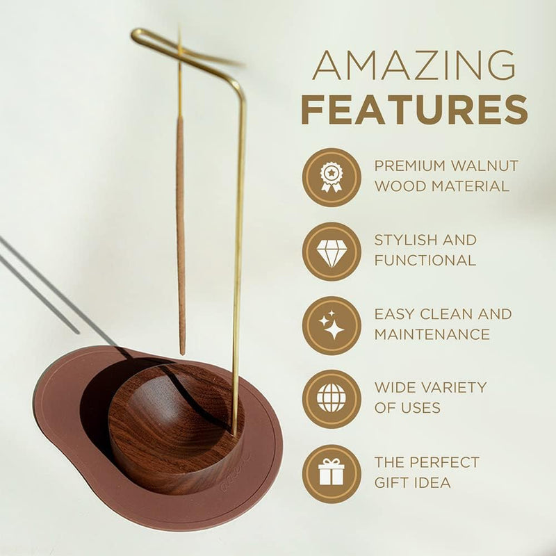 Incense Holder, Multi-Purpose Design Wooden Incense Burner ash Catcher with Brass Incense Stick Holder for Home Decor Yoga Spa Madiation (Walnut Wood)