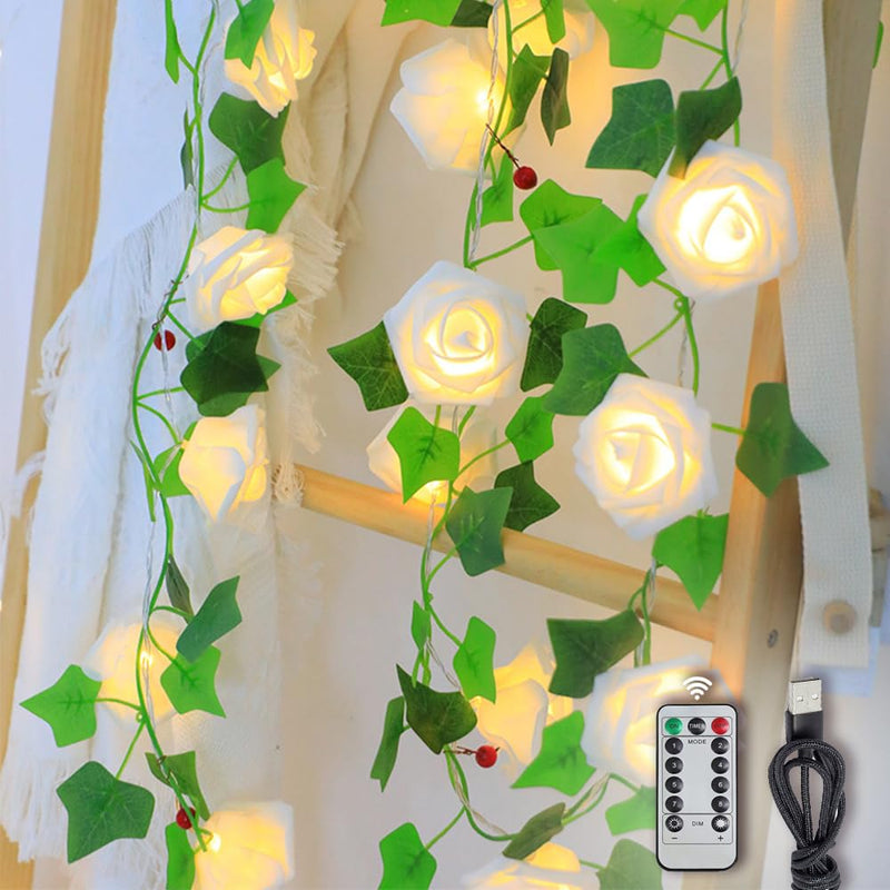 Wolii LED Rose Flower String Lights, Artificial Flower with LED Copper Light String for Marriage Proposal Wedding Birthday Party Christmas Valentine Indoor and Outdoor Decoration(White Rose)
