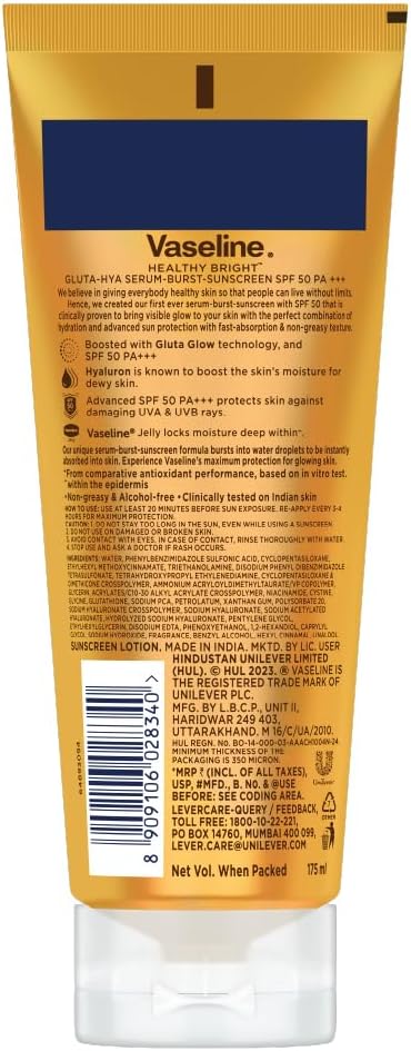 Gluta Hya - Antioxidant SPF 50 PA+++ Sunscreen for Face & Body Glutathione & Hyaluronic Acid infused Sunscreen 175 ML