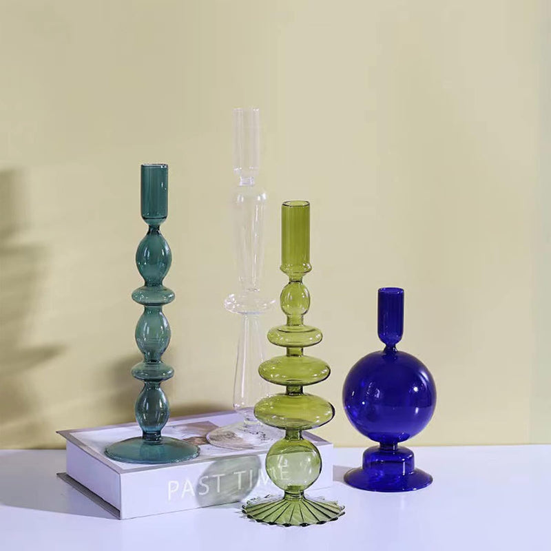 LKPOMI Glass Candlestick Holders - Colorful Glass Taper Candle Stand - Modern Elegant Candle Sticks - Pink