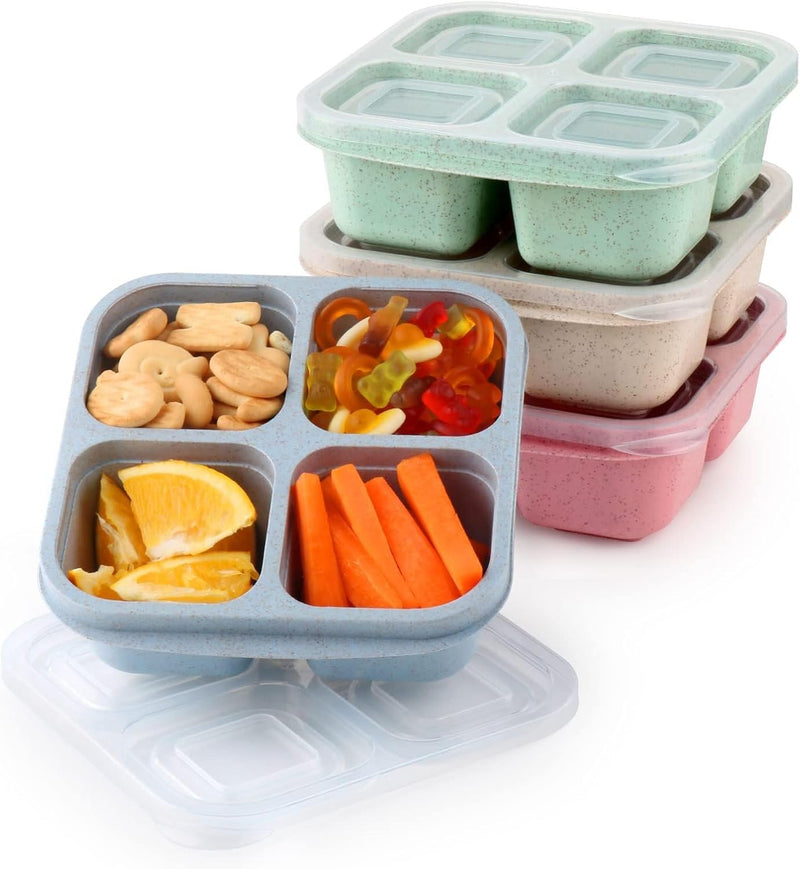4-Pack 4-Compartment Bento Snack Containers, Reusable Divided Lunch Boxes for Kids Adults, Meal Prep Containers for Travel, Work, Small Food Storage