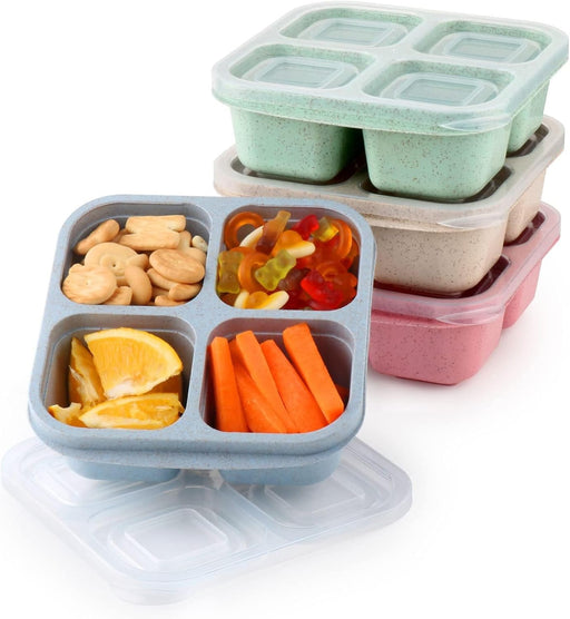 4-Pack 4-Compartment Bento Snack Containers, Reusable Divided Lunch Boxes for Kids Adults, Meal Prep Containers for Travel, Work, Small Food Storage