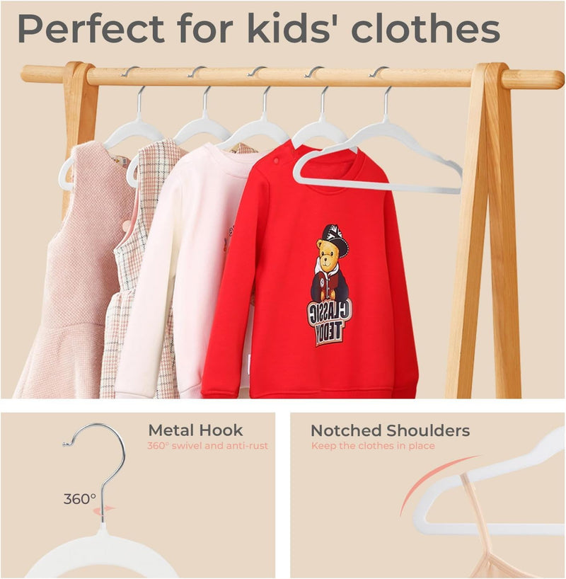 ManGotree 10 Pack 14 Inch Premium Kids Velvet Hangers for Closet, Ultra-Thin Children's Clothes Hangers with 360° Swivel Hook, Sturdy Non-Slip Felt Kids Hangers for Youth (Black)