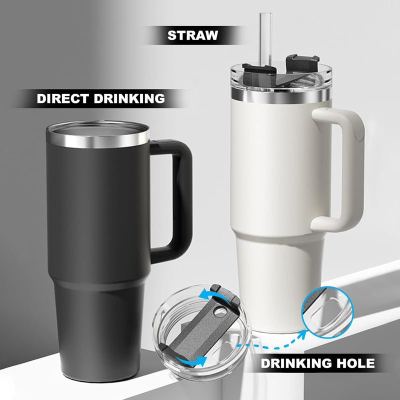 ​YHKEMA 40oz Stainless Steel Tumbler with Handle & Straw - Double Walled Insulated Travel Mug, Tritan Lid Coffee Cup for Hot/Iced Drinks, Office Gym Water Bottle (1200ml)​​ (Light Blue)