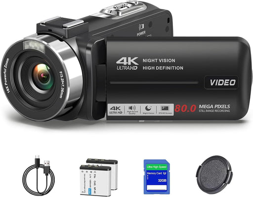 4K 80MP Camcorder Video Camera Ultra HD Vlogging Camera for YouTube 18X Digital Zoom Recorder 3.0" IPS HD Screen With Handheld Stabilizer, Microphone, Remote Control and 32GB SD Card