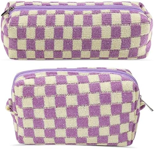 ZLFSRQ 3Pcs Checkered Makeup Bag for Women Large Cosmetic Bag Set Travel Toiletry Bag Makeup Pouch Bag for Purse Pink Zipper Storage Bag Organizer Cute Small Aesthetic Girls Car Essentials Bag