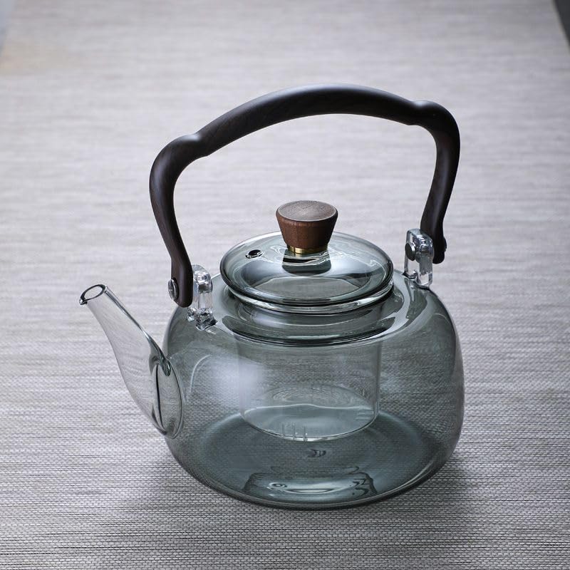 black 1L Borosilicate Glass Teapot Stovetop safe ï¼ŒLoose Leaf and Blooming Tea Maker, Christmas GiftGlass Tea Kettle with Wooden Handle,Large Size for Women and Adult (black teapot)