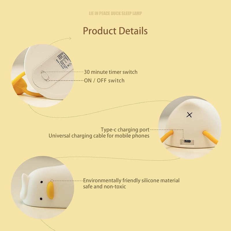 Lying Flat Duck Night Light, LED Squishy Lamp, Cute Light Up, Silicone Dimmable Nursery Nightlight, Rechargeable Bedside Touch Lamp for Breastfeeding