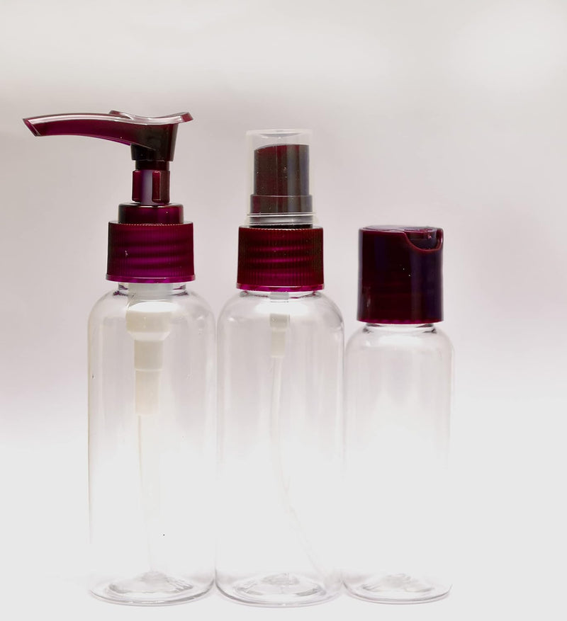 Travel Bottles Set 7pcs Empty Plastic Leak Proof Travel Toiletry Set Container Makeup Bottle Travel Contains 2 Bottles for Liquid 1 Bottle for Spray 3 Jars for Cream and 1 Spatula Burgundy (Burgundy)