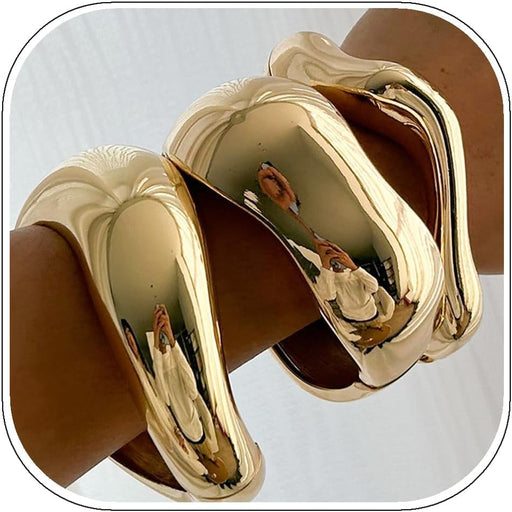 Chunky 18K Gold Plated Bracelets Set for Women High Shine Minimalist Wide Open Cuff & Trendy Stackable Gold Bangles Statement Fashion Jewelry, Layered Wrist Accessories Gift