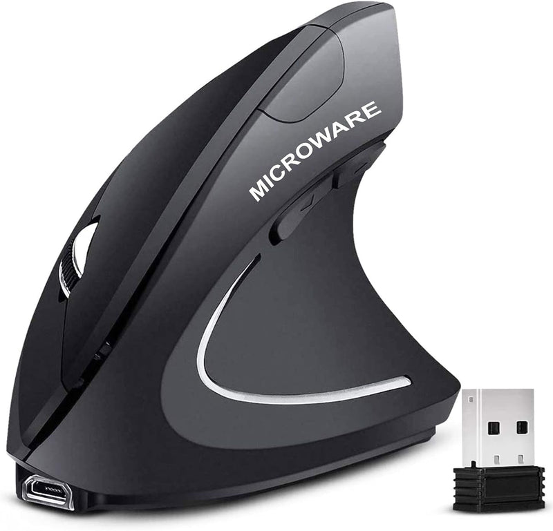 MICROWARE Rechargeable 2.4ghz Wireless Vertical Ergonomic Mouse 800-1600 Dpi Optical Mouse 6 Buttons and Portable Office Gaming Cordless Mice with A USB Receiver for Pc Computer Laptop for Right Hand