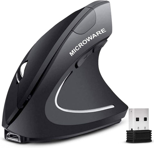 Microware Rechargeable 2.4ghz Wireless Vertical Ergonomic Mouse 800-1600 Dpi Optical Mouse 6 Buttons and Portable Office Gaming Cordless Mice with A USB Receiver for Pc Computer Laptop