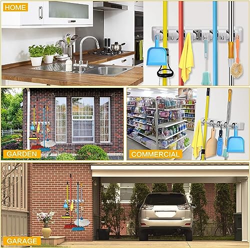 SKY-TOUCH Mop And Broom Holder, Wall Mounted Organizer Mop And Broom Saving Space Storage Rack For Kitchen Garden And Garage,Laundry Offices,5 Position With 6 Hooks