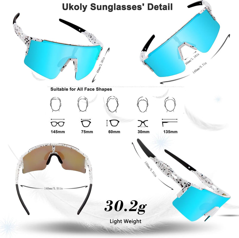 Ukoly Cycling Sunglasses for Men Women with 3 Interchangeable Lenses, Polarized Sports Sunglasses, Baseball Sunglasses