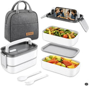 SKY-TOUCH Stainless Steel Lunch Box, Double Layer Leakproof Bento Box with Compartments and Cutlery Set for Adult Kids, Microwave Safe and Dishwasher BPA-Free